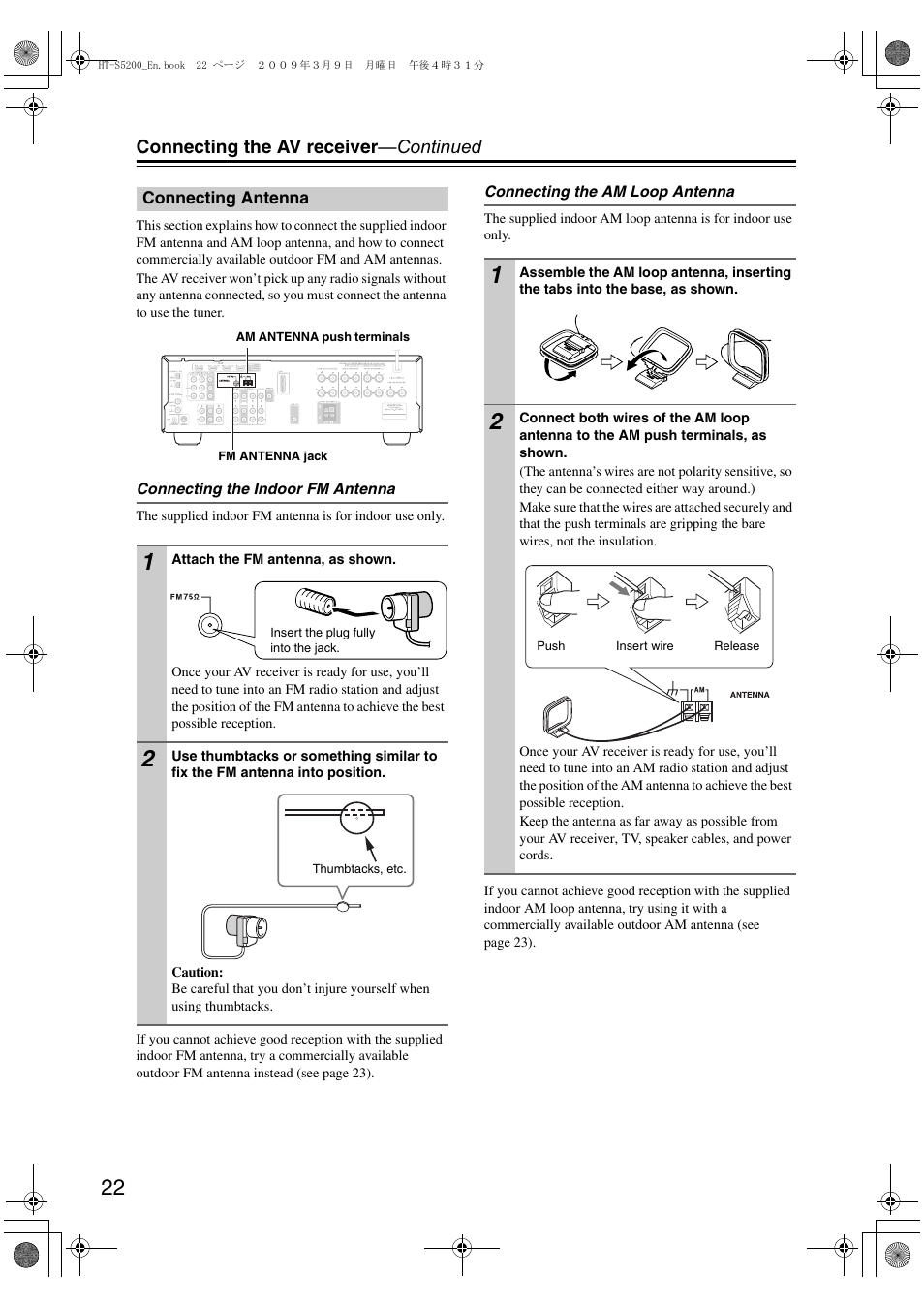 Connecting antenna, Connecting the av receiver —continued | Onkyo HT-S5200 User Manual | Page 22 / 92