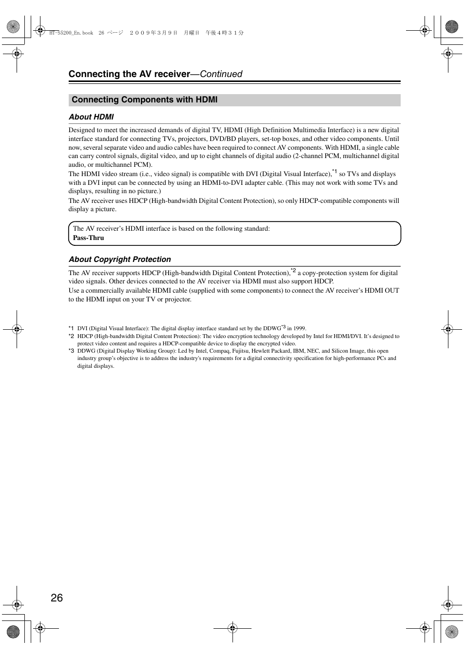 Connecting components with hdmi, Connecting the av receiver —continued | Onkyo HT-S5200 User Manual | Page 26 / 92