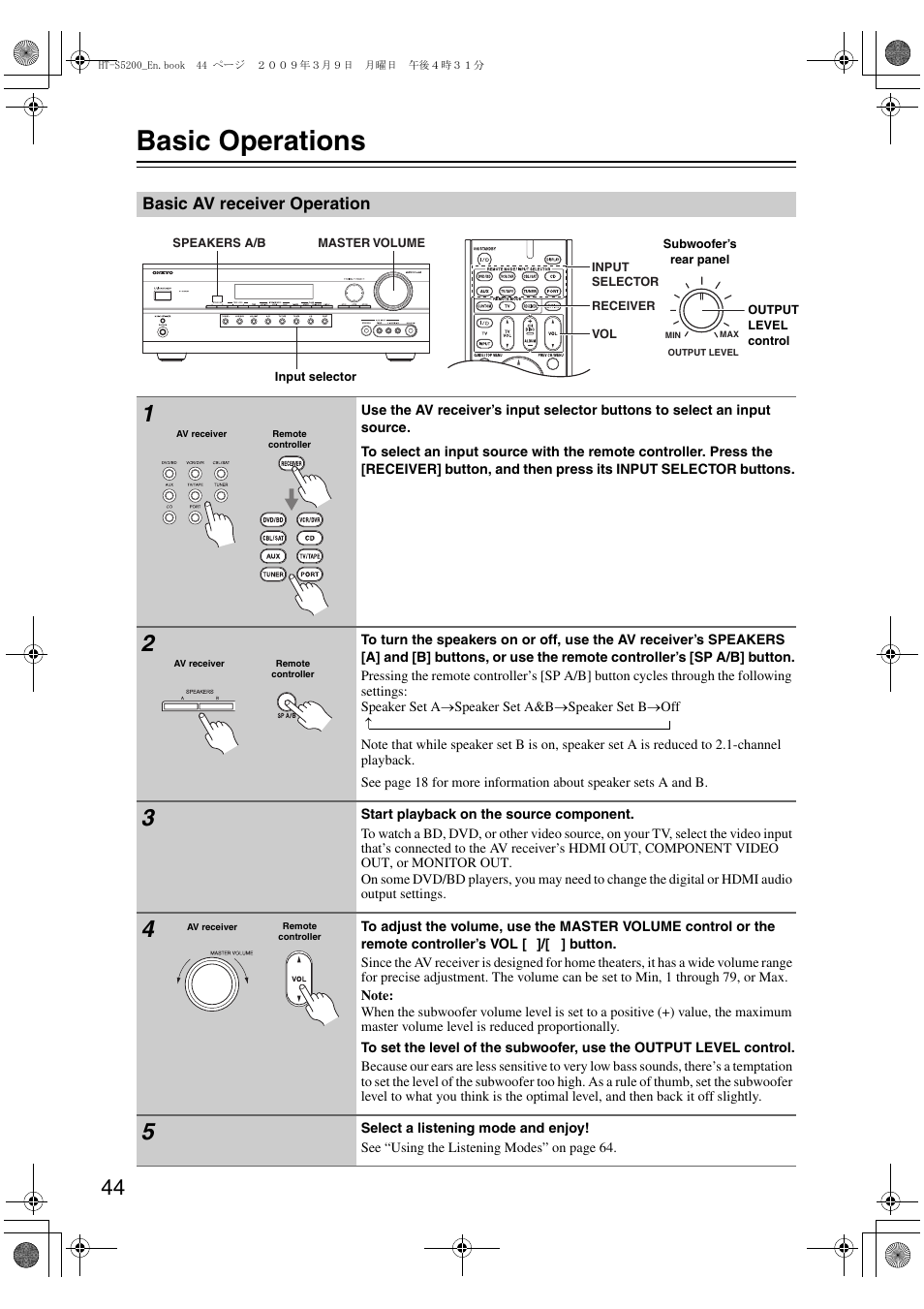 Basic operations, Basic av receiver operation, L (44) | Ttons (44) | Onkyo HT-S5200 User Manual | Page 44 / 92