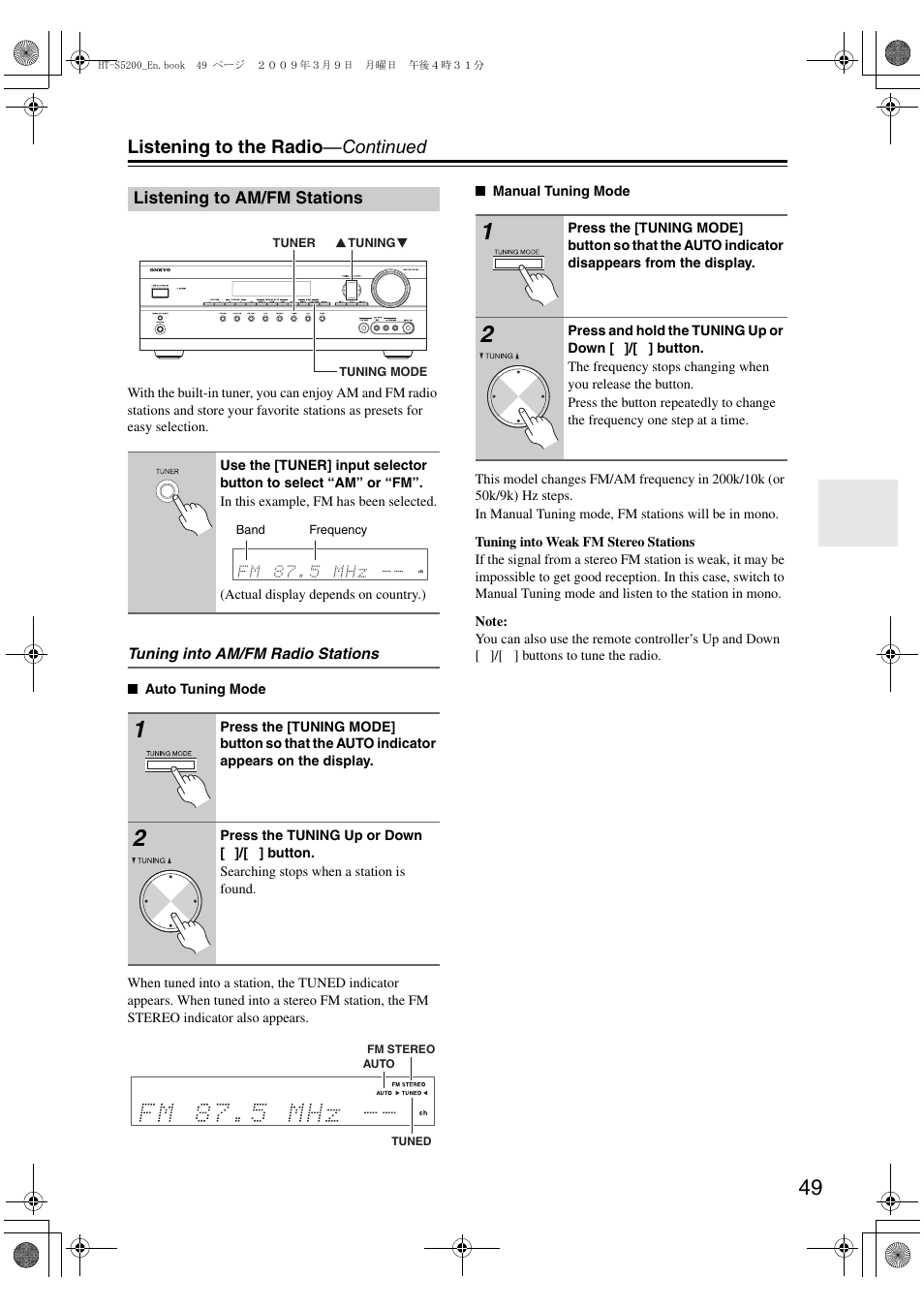 Listening to am/fm stations, D (49), Listening to the radio —continued | Onkyo HT-S5200 User Manual | Page 49 / 92