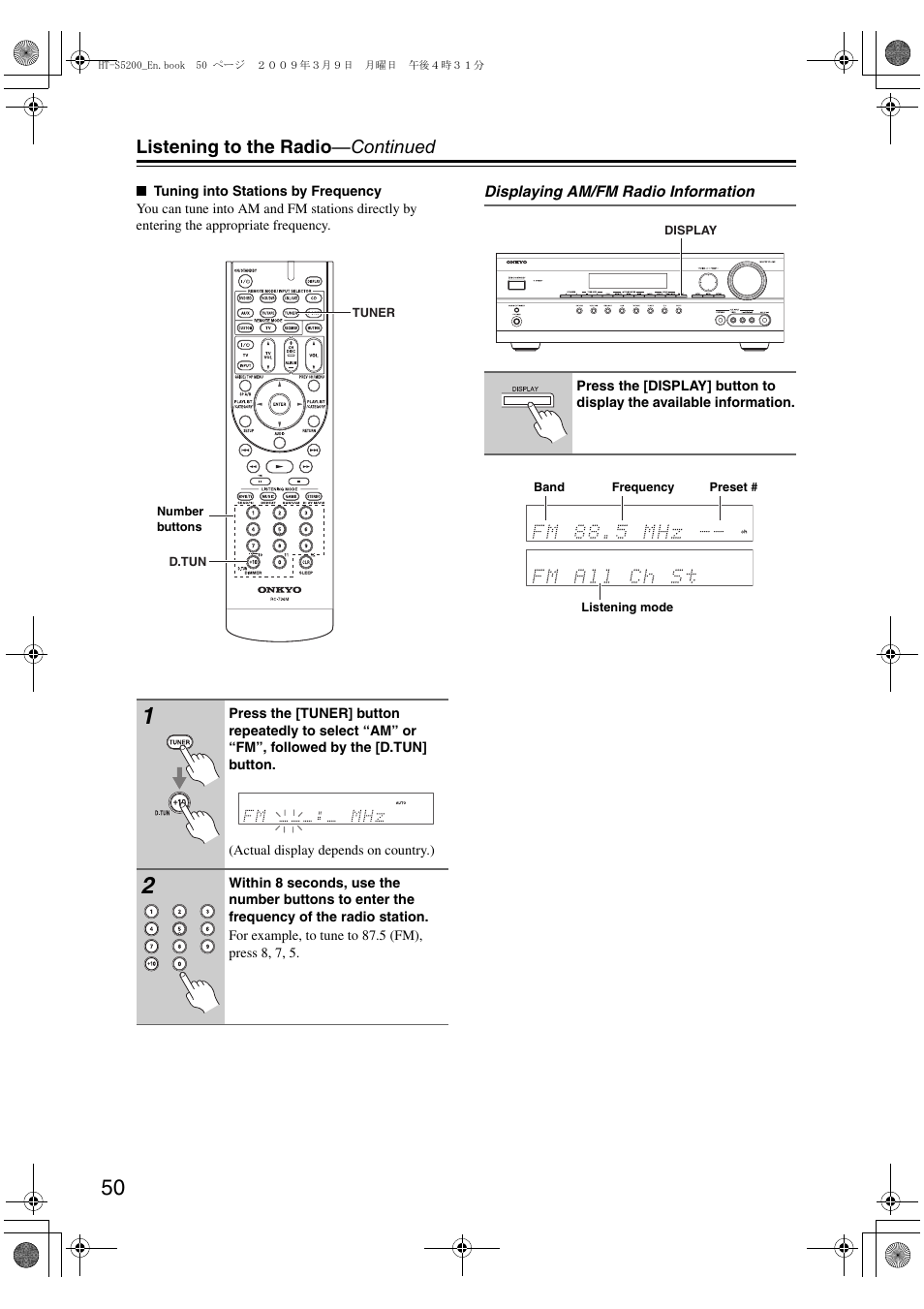 Listening to the radio —continued | Onkyo HT-S5200 User Manual | Page 50 / 92