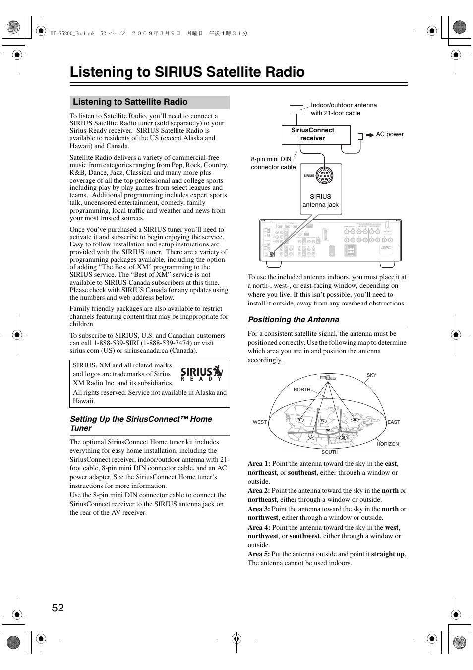 Listening to sirius satellite radio, Listening to sattellite radio | Onkyo HT-S5200 User Manual | Page 52 / 92