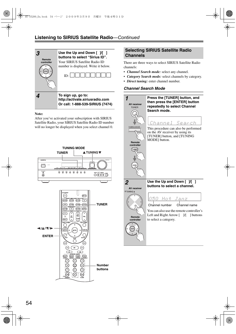 Selecting sirius satellite radio channels, Listening to sirius satellite radio —continued | Onkyo HT-S5200 User Manual | Page 54 / 92