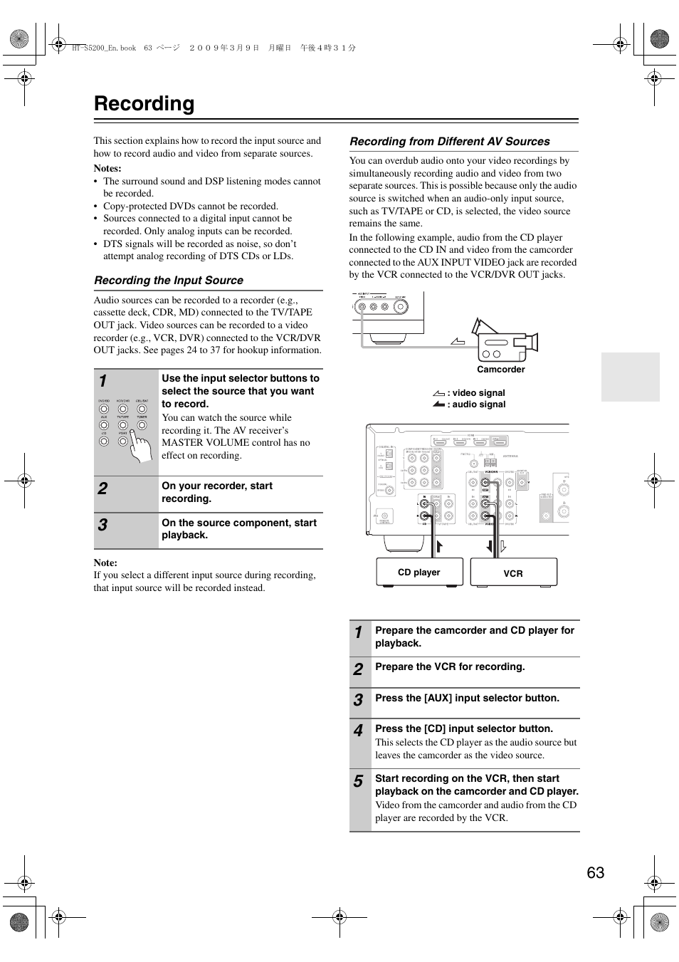 Recording | Onkyo HT-S5200 User Manual | Page 63 / 92