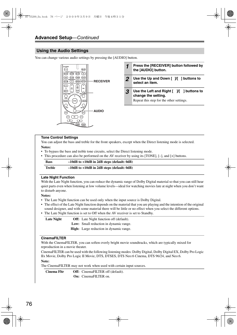 Using the audio settings, Tton (47, 76), Advanced setup —continued | Onkyo HT-S5200 User Manual | Page 76 / 92