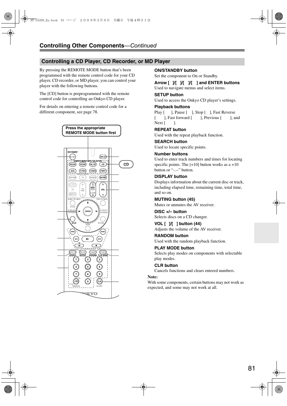 Controlling a cd player, cd recorder, or md player, Controlling a cd player, cd recorder, Or md player | Controlling other components —continued | Onkyo HT-S5200 User Manual | Page 81 / 92