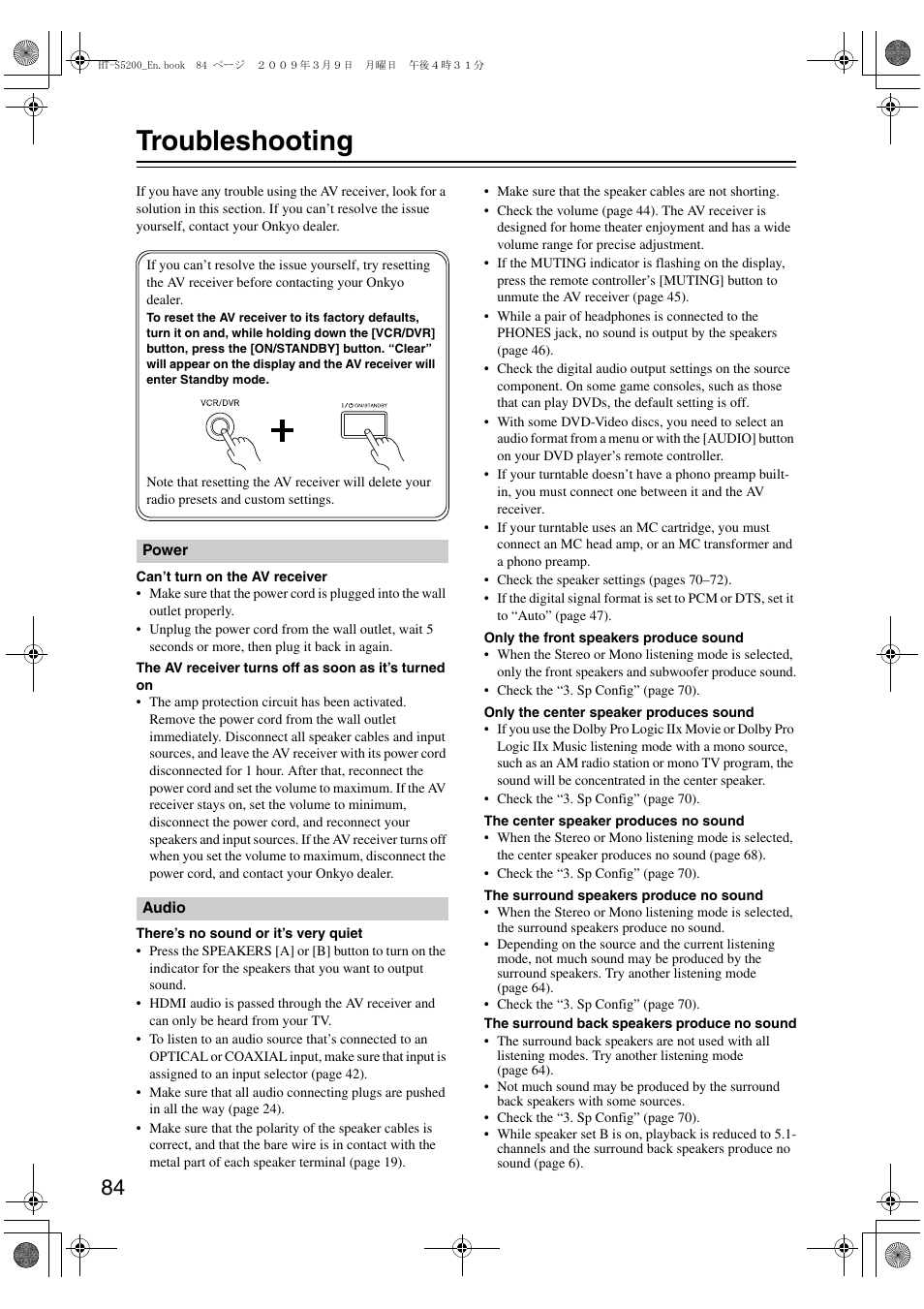 Troubleshooting | Onkyo HT-S5200 User Manual | Page 84 / 92