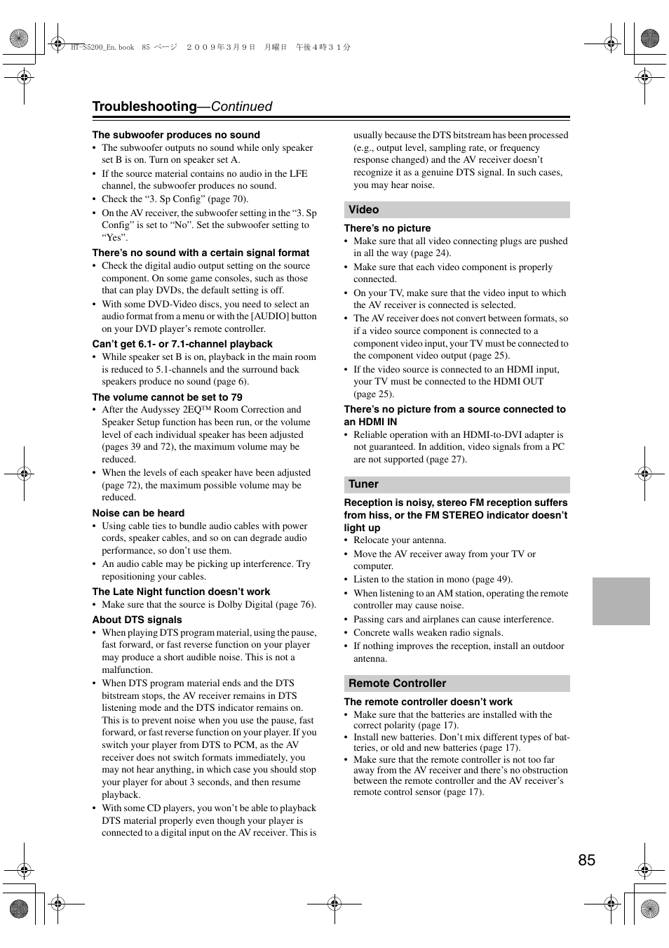 Troubleshooting —continued | Onkyo HT-S5200 User Manual | Page 85 / 92