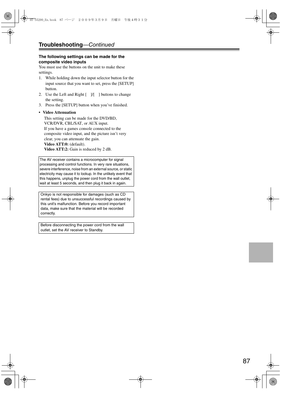 Troubleshooting —continued | Onkyo HT-S5200 User Manual | Page 87 / 92