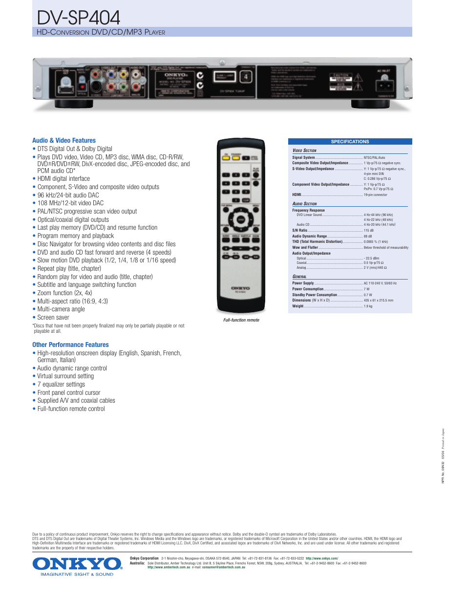 Dv-sp404, Hd-c, Dvd/cd/mp3 p | Onkyo DV SP404 User Manual | Page 2 / 2