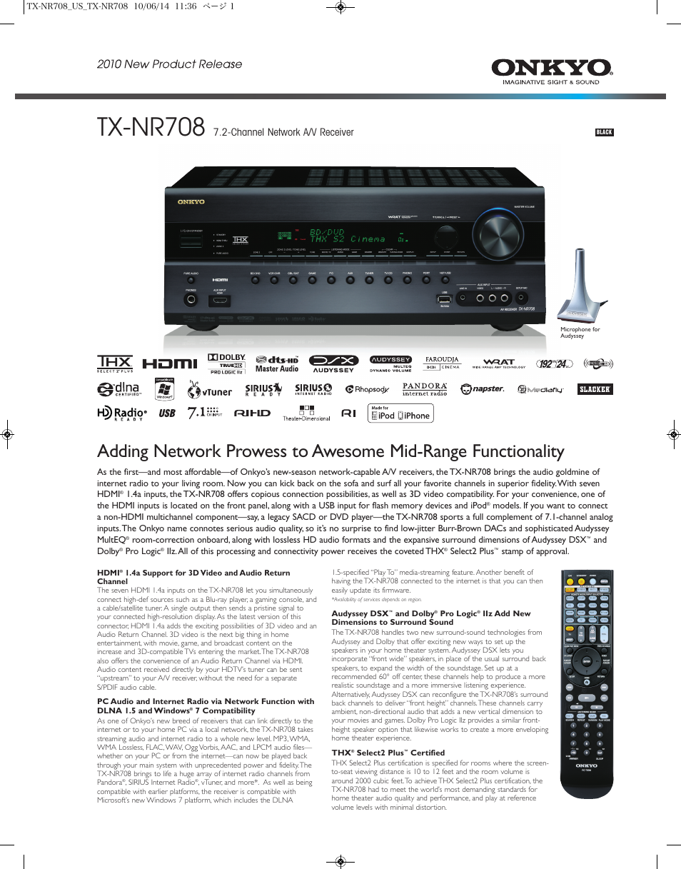 Onkyo TXNR708 User Manual | 2 pages