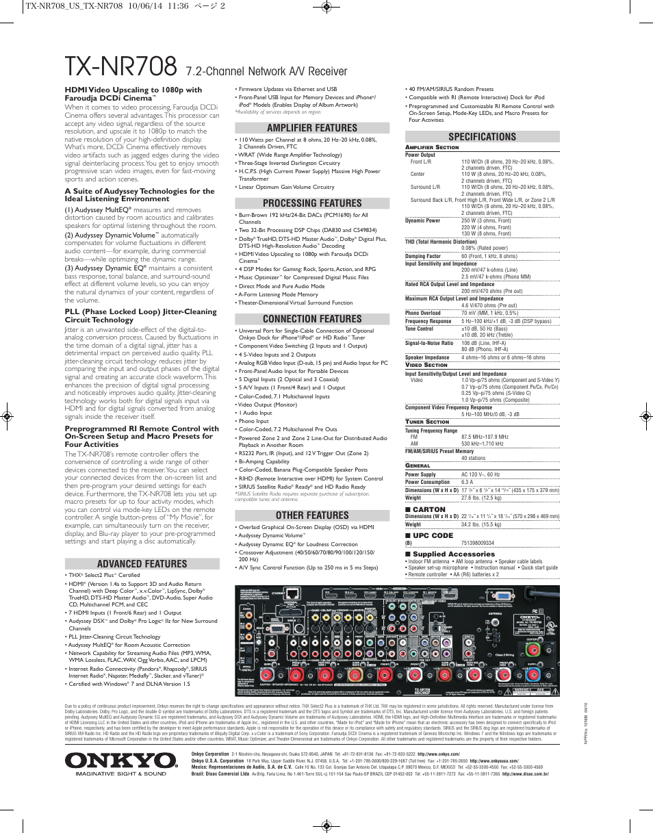 Tx-nr708, Channel network a/v receiver, Specifications | Advanced features, Amplifier features, Processing features, Connection features, Other features | Onkyo TXNR708 User Manual | Page 2 / 2