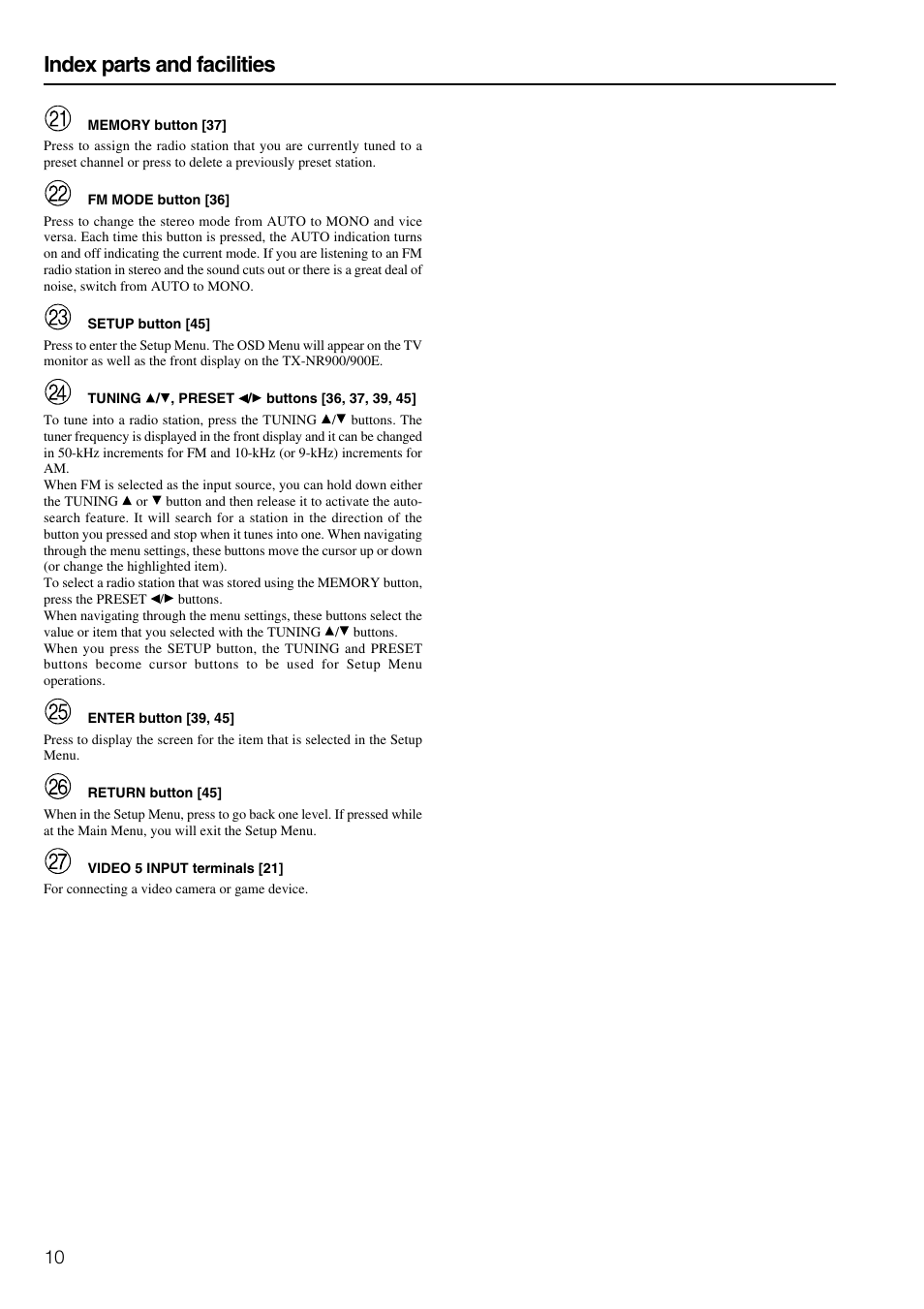 Index parts and facilities | Onkyo TX-NR900E User Manual | Page 10 / 84