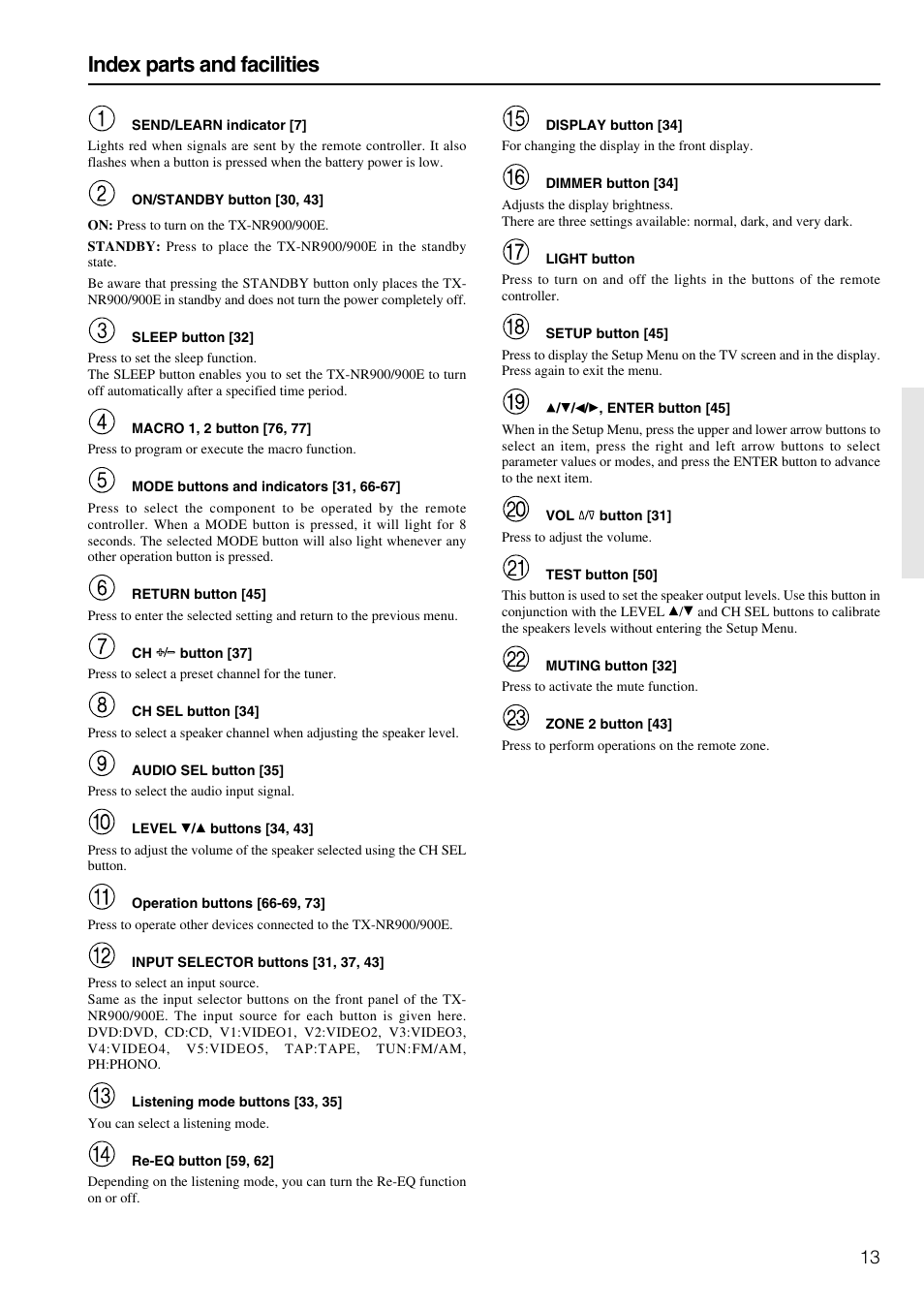 Index parts and facilities | Onkyo TX-NR900E User Manual | Page 13 / 84