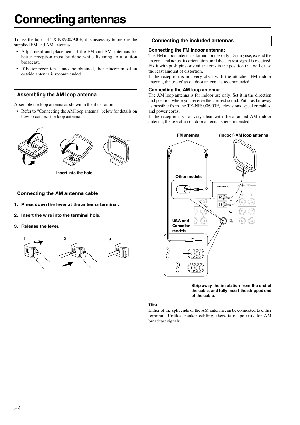 Connecting antennas, Assembling the am loop antenna, Connecting the am antenna cable | Connecting the included antennas | Onkyo TX-NR900E User Manual | Page 24 / 84