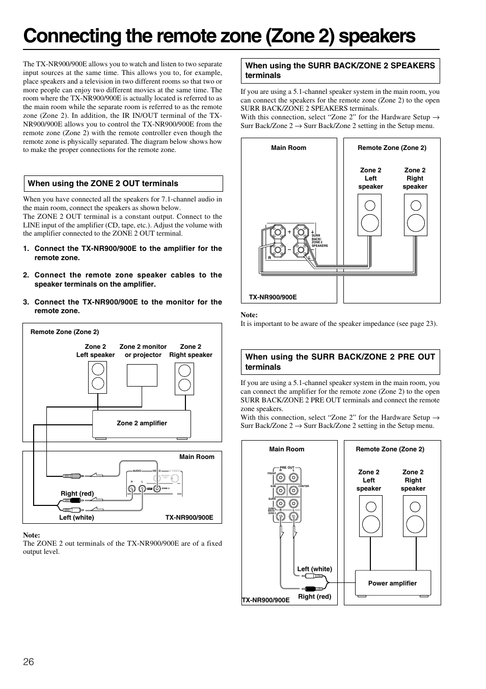 Connecting the remote zone (zone 2) speakers, When using the surr back/zone 2 speakers terminals, When using the surr back/zone 2 pre out terminals | When using the zone 2 out terminals | Onkyo TX-NR900E User Manual | Page 26 / 84