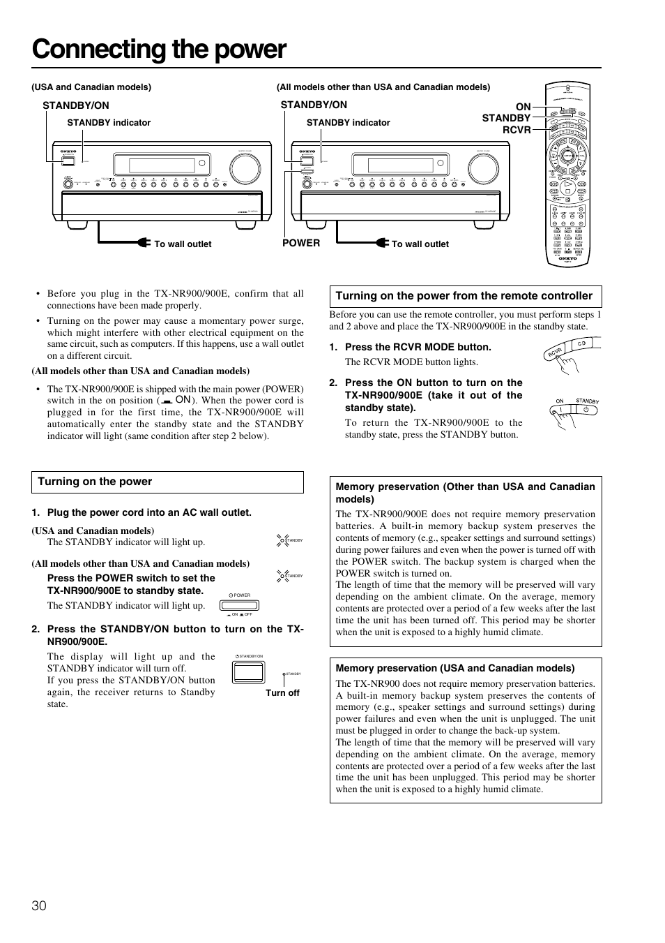 Connecting the power, Turning on the power from the remote controller, Turning on the power | Push to open, Standby, Displ ay push to open | Onkyo TX-NR900E User Manual | Page 30 / 84