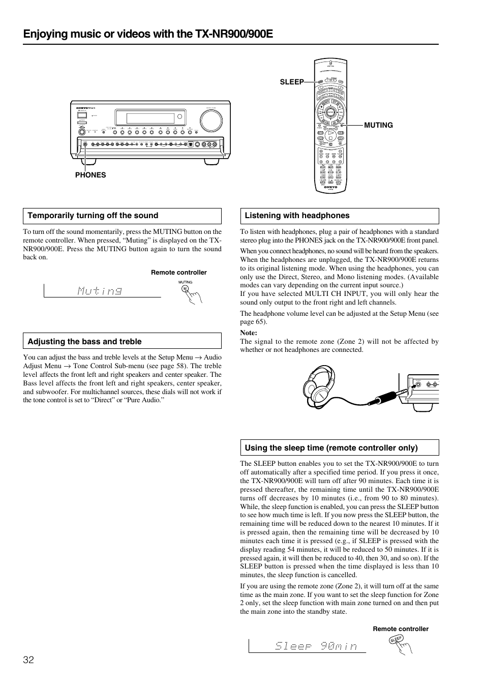 Listening with headphones, Using the sleep time (remote controller only), Temporarily turning off the sound | Adjusting the bass and treble | Onkyo TX-NR900E User Manual | Page 32 / 84