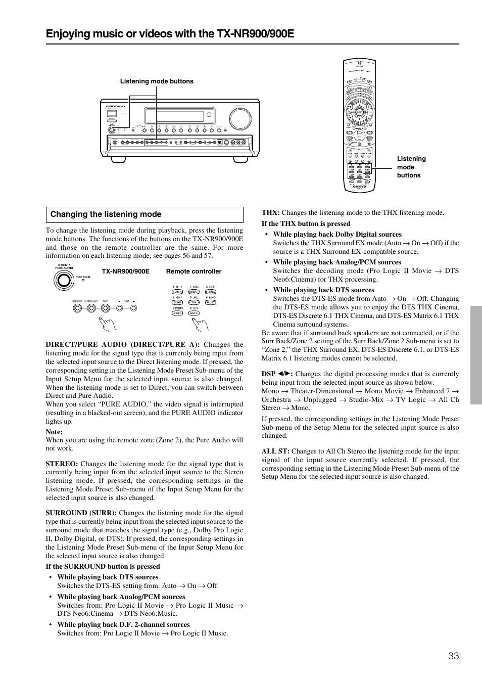 Changing the listening mode | Onkyo TX-NR900E User Manual | Page 33 / 84