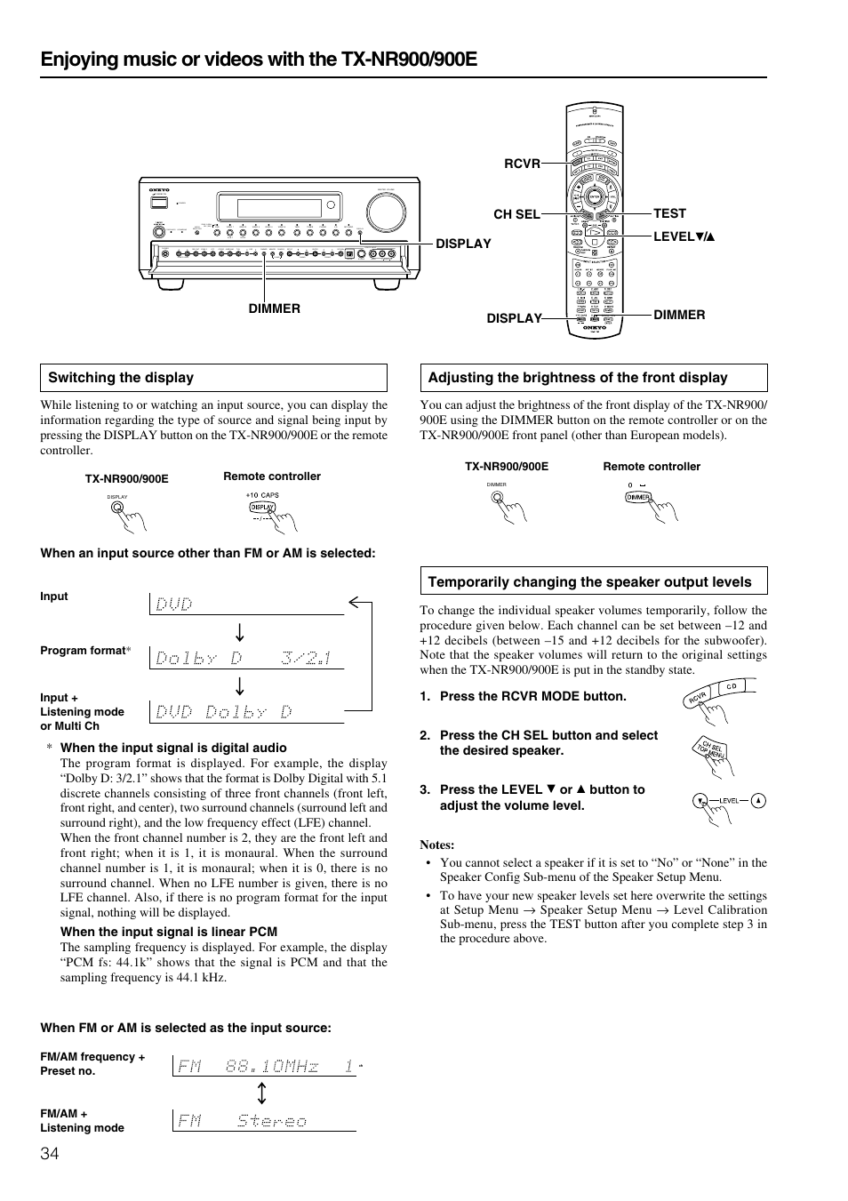 Adjusting the brightness of the front display, Temporarily changing the speaker output levels, Switching the display | Onkyo TX-NR900E User Manual | Page 34 / 84