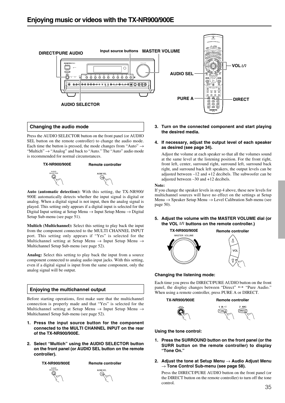 Changing the audio mode, Enjoying the multichannel output | Onkyo TX-NR900E User Manual | Page 35 / 84