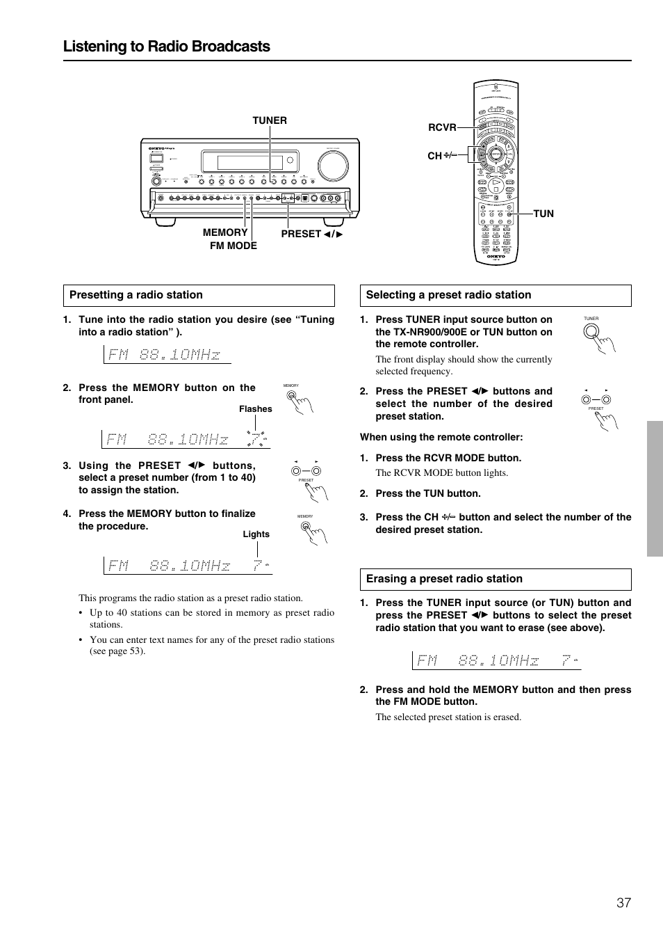 Listening to radio broadcasts, Selecting a preset radio station, Erasing a preset radio station | Presetting a radio station | Onkyo TX-NR900E User Manual | Page 37 / 84
