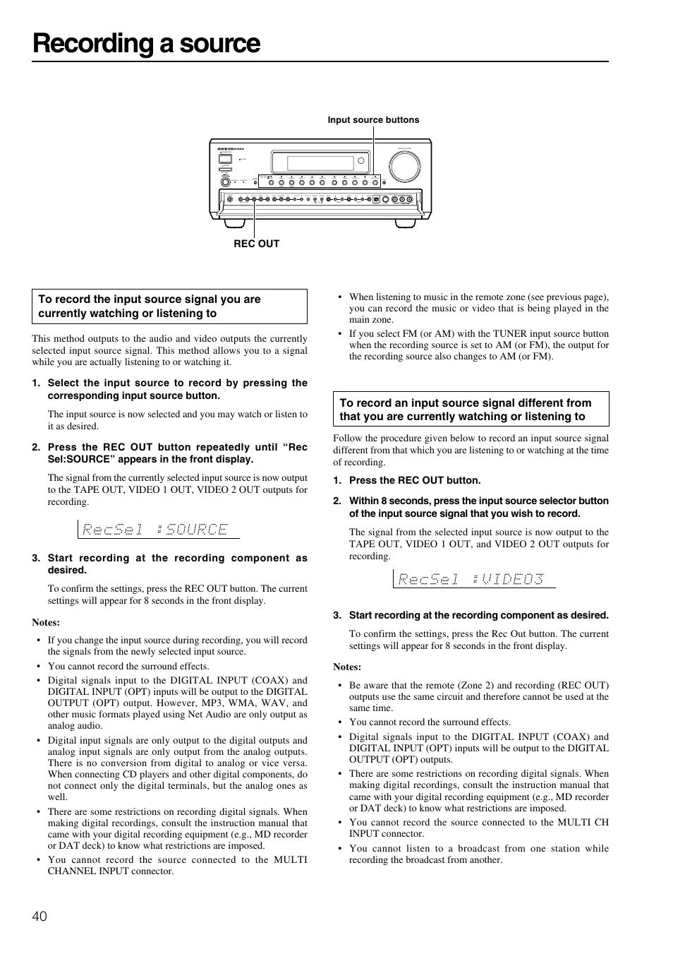Recording a source | Onkyo TX-NR900E User Manual | Page 40 / 84