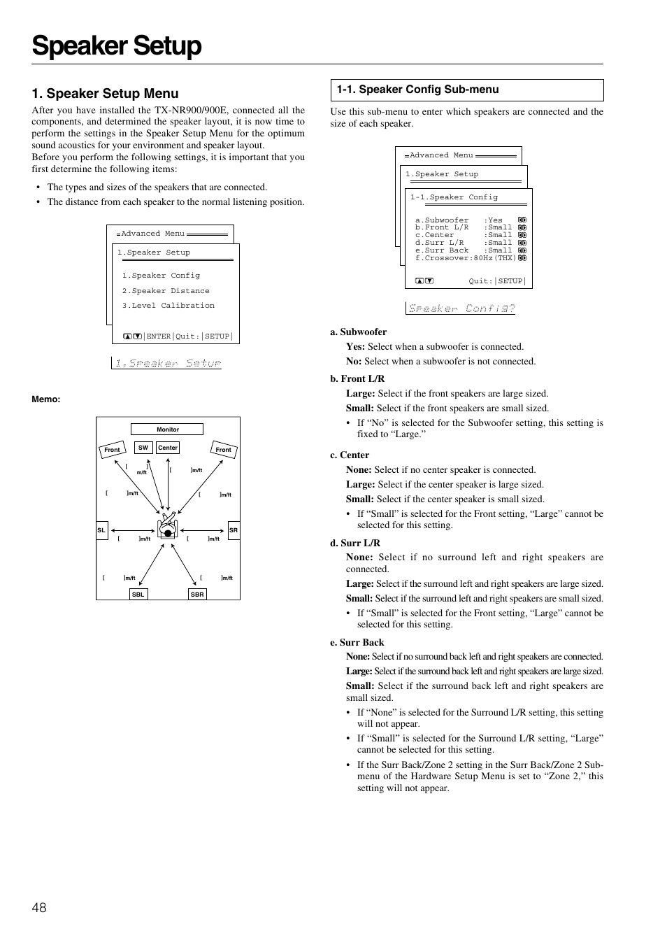 Speaker setup, 48 1. speaker setup menu, 1. speaker config sub-menu | Onkyo TX-NR900E User Manual | Page 48 / 84