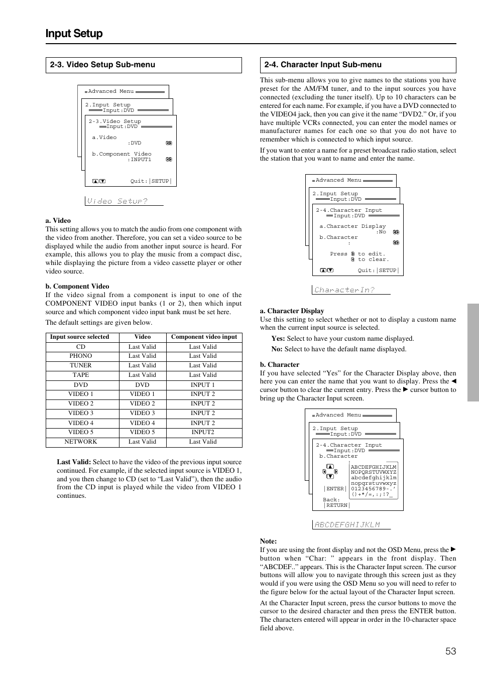 Input setup, 3. video setup sub-menu, 4. character input sub-menu | Onkyo TX-NR900E User Manual | Page 53 / 84