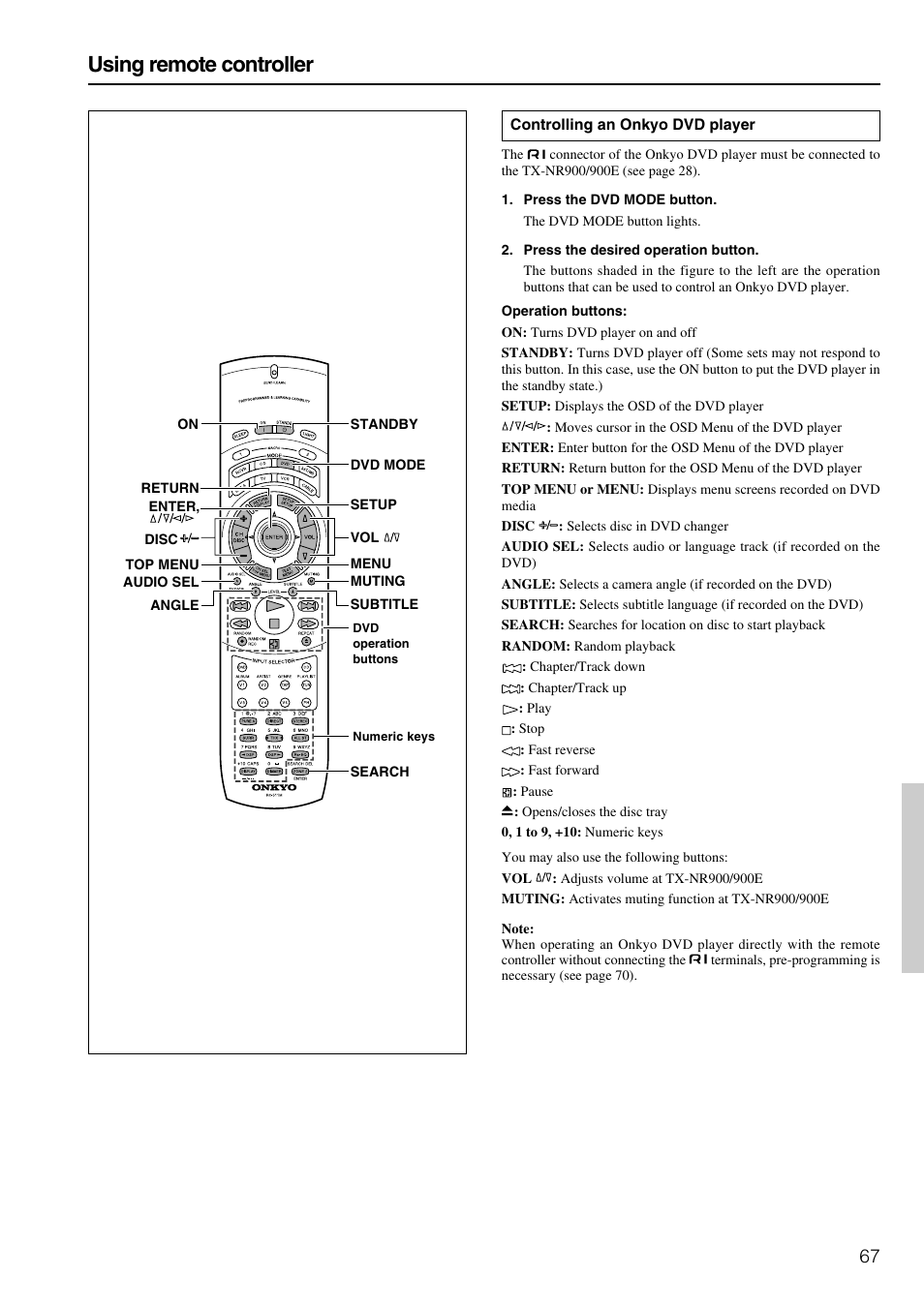 Using remote controller | Onkyo TX-NR900E User Manual | Page 67 / 84