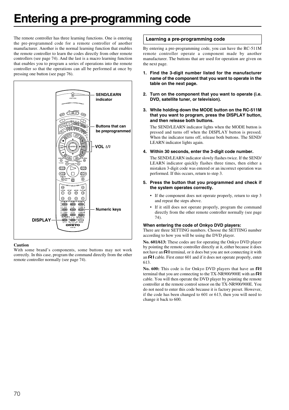 Entering a pre-programming code | Onkyo TX-NR900E User Manual | Page 70 / 84