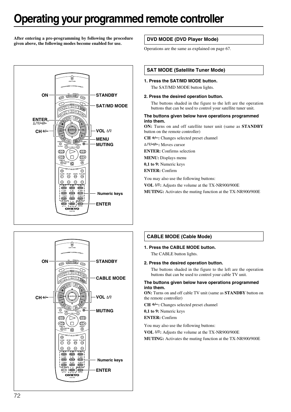 Operating your programmed remote controller | Onkyo TX-NR900E User Manual | Page 72 / 84