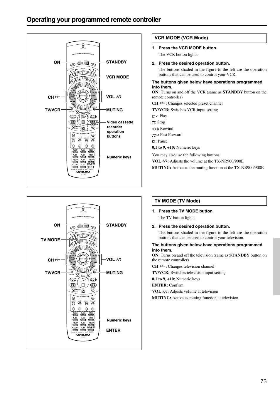 Operating your programmed remote controller | Onkyo TX-NR900E User Manual | Page 73 / 84