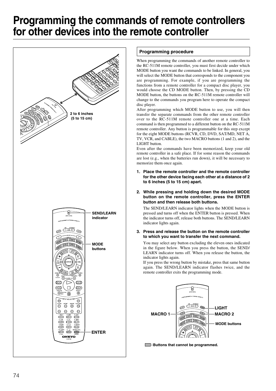 Programming procedure, Macro 1 macro 2 light, Enter | Onkyo TX-NR900E User Manual | Page 74 / 84