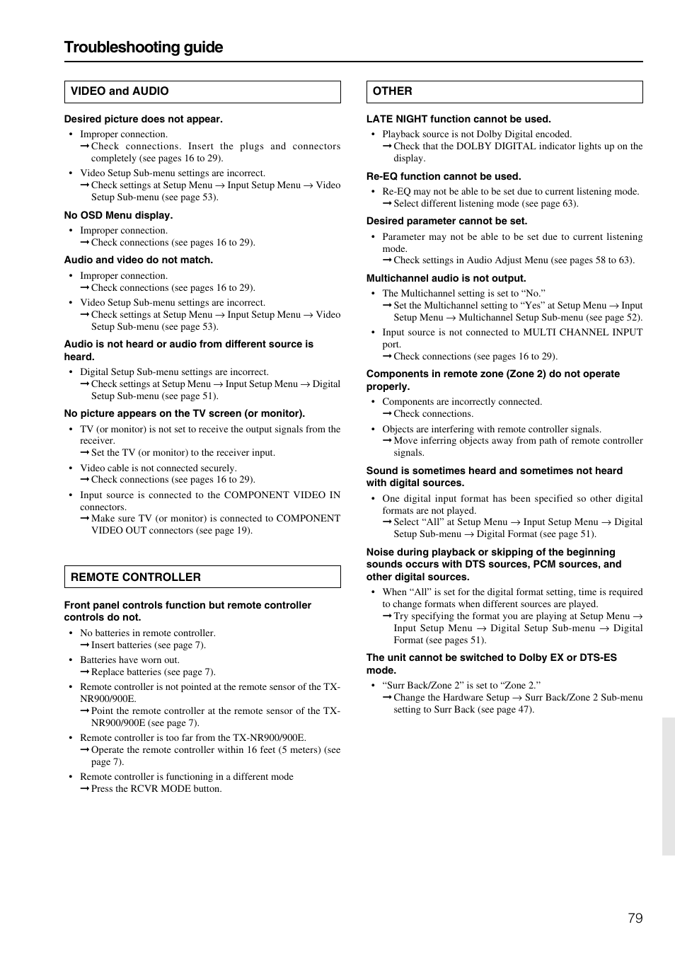 Troubleshooting guide | Onkyo TX-NR900E User Manual | Page 79 / 84