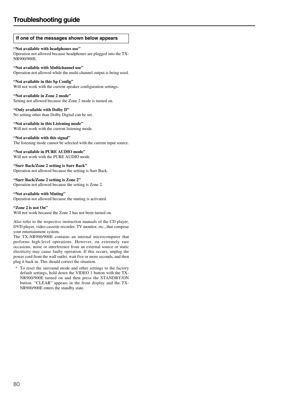 Troubleshooting guide | Onkyo TX-NR900E User Manual | Page 80 / 84