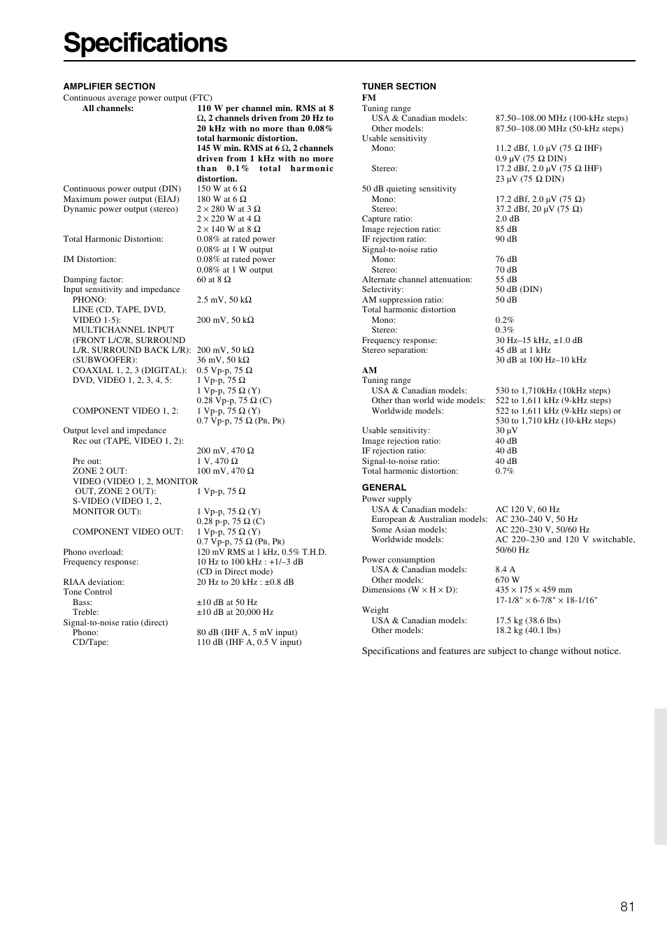 Specifications | Onkyo TX-NR900E User Manual | Page 81 / 84