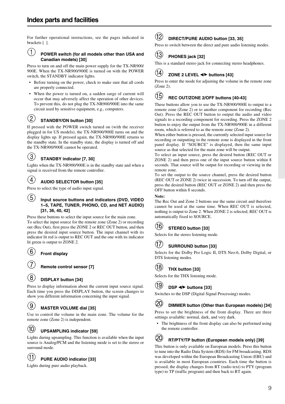 Index parts and facilities | Onkyo TX-NR900E User Manual | Page 9 / 84