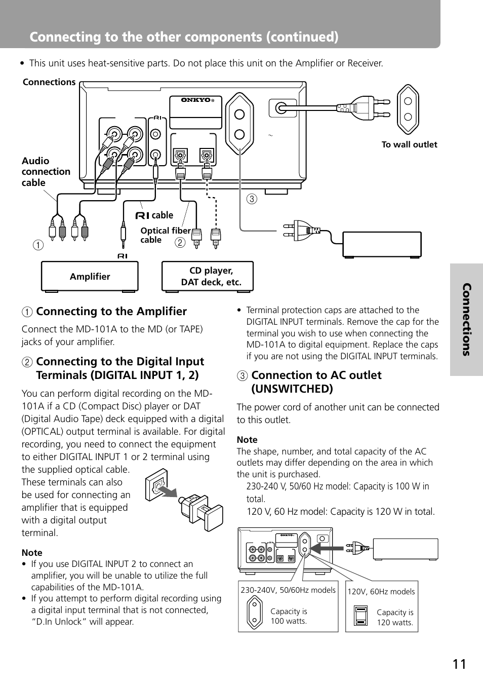 Connecting to the other components (continued), 1 connecting to the amplifier, 3 connection to ac outlet (unswitched) | Connections amplifier cd player, dat deck, etc | Onkyo MD-101A User Manual | Page 11 / 52