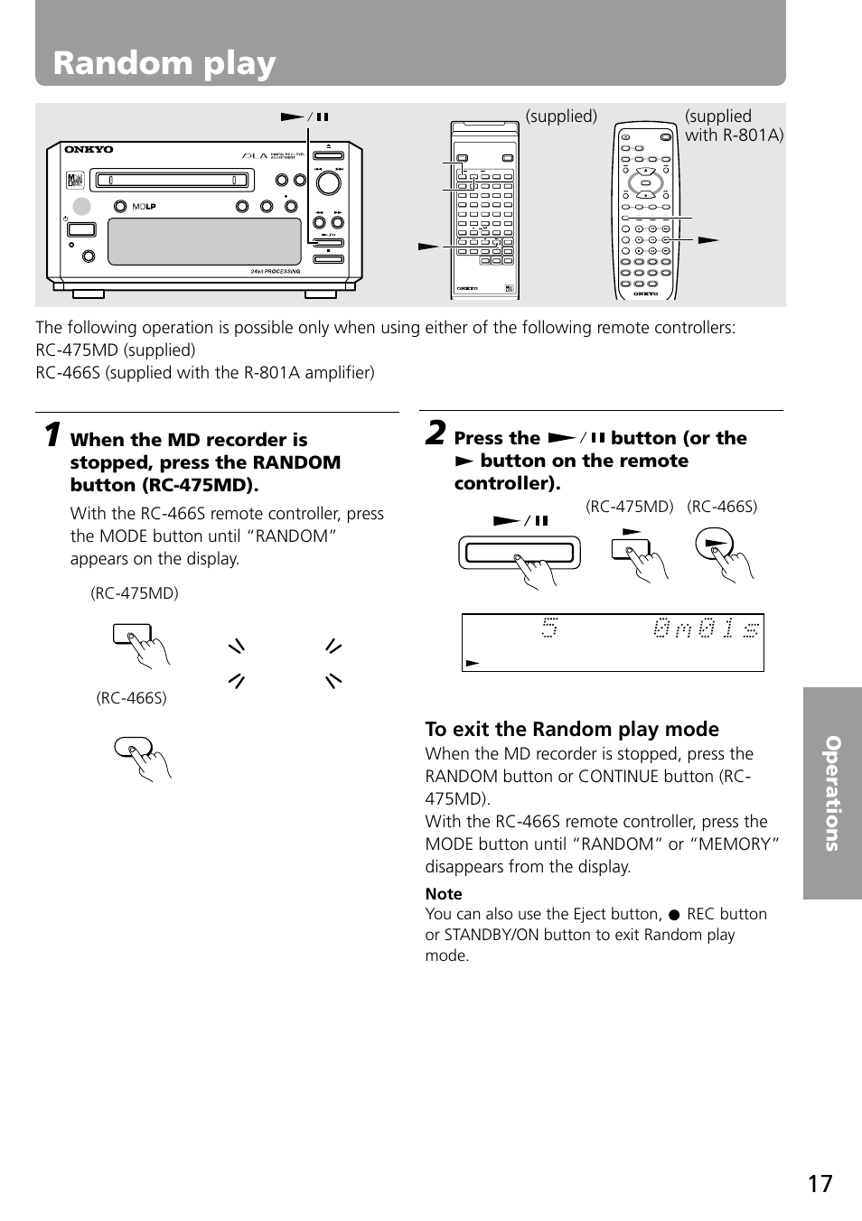 Random play, Random, Supplied with r-801a) (supplied) | Mode | Onkyo MD-101A User Manual | Page 17 / 52
