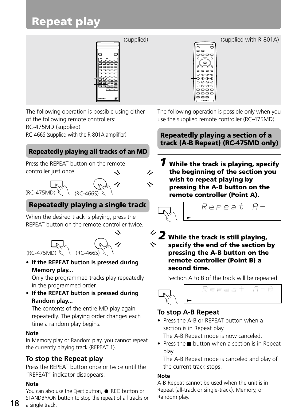 Repeat play, Repeatedly playing all tracks of an md, Repeatedly playing a single track | Repeat 1, Supplied) (supplied with r-801a), Repeat | Onkyo MD-101A User Manual | Page 18 / 52