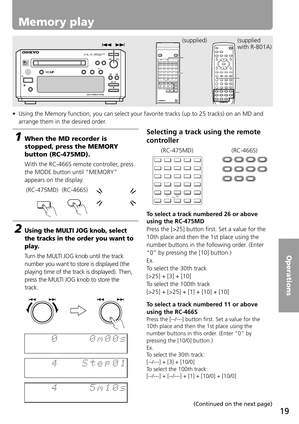 Memory play, Selecting a track using the remote controller, Supplied) (supplied with r-801a) | Continued on the next page), Number button, Mode, Multi jog | Onkyo MD-101A User Manual | Page 19 / 52