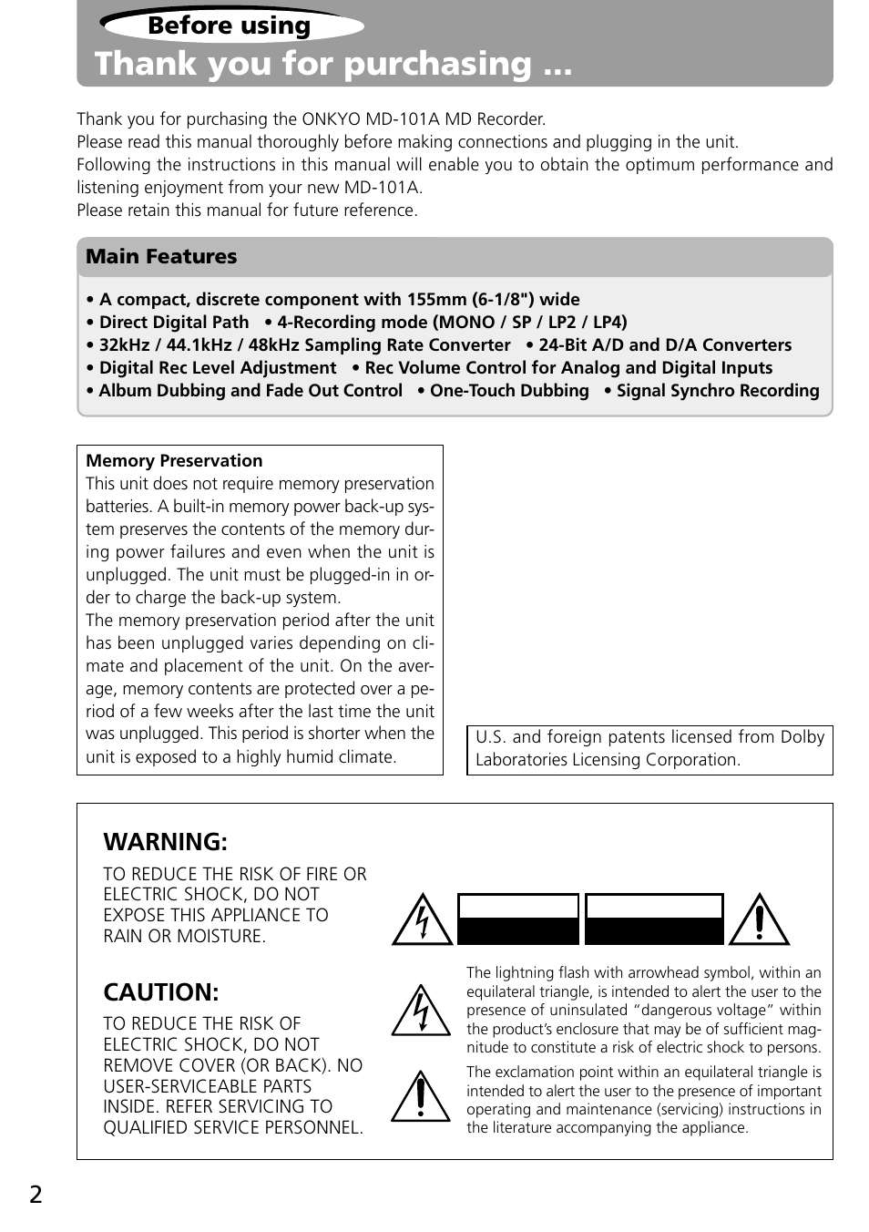 Before using, Befor, E using | Warning, Caution | Onkyo MD-101A User Manual | Page 2 / 52
