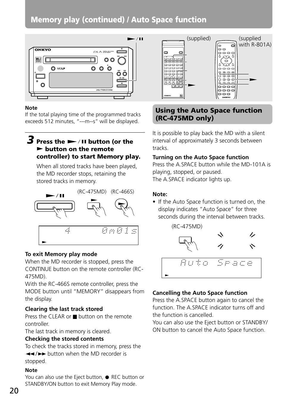 Auto space function, Using the auto space function (rc-475md only), A. space | Rc-475md), Supplied) (supplied with r-801a), A.space | Onkyo MD-101A User Manual | Page 20 / 52