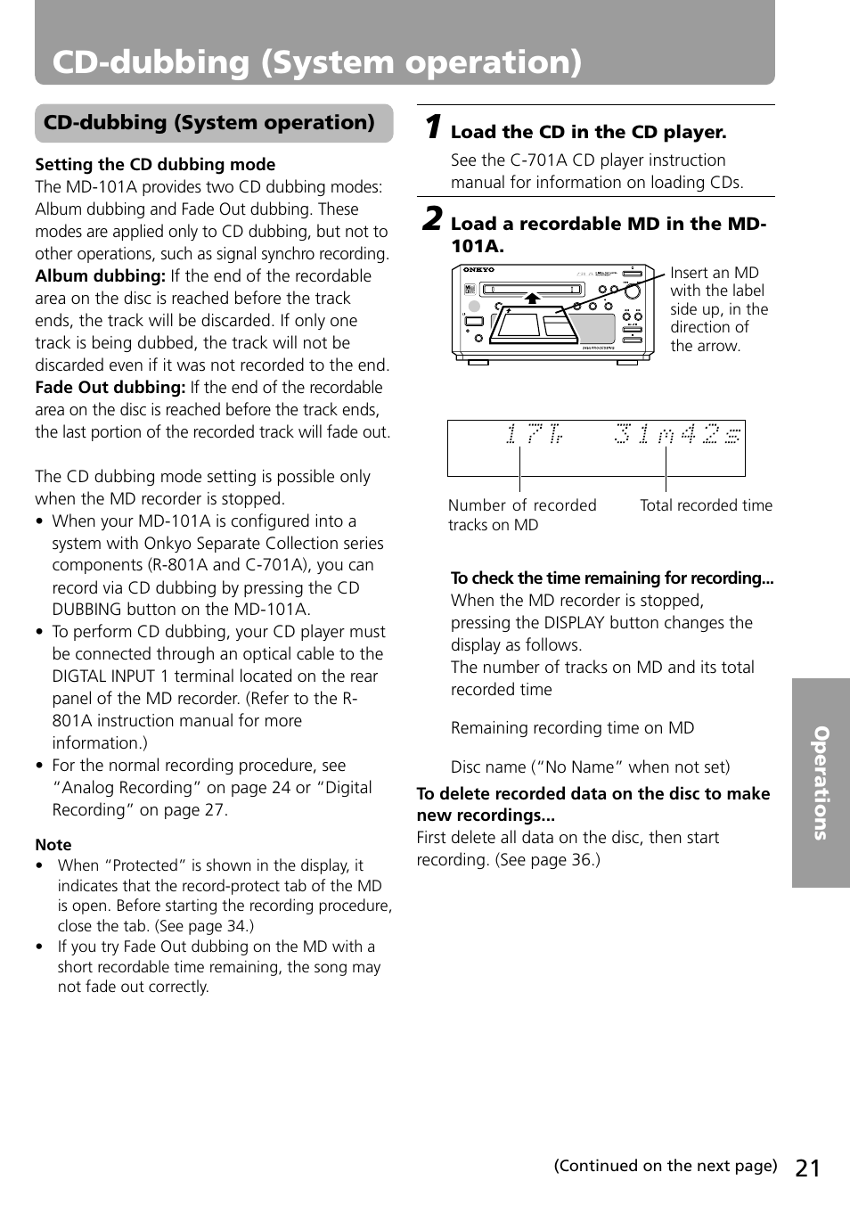 Cd-dubbing (system operation), Load the cd in the cd player, Load a recordable md in the md- 101a | Onkyo MD-101A User Manual | Page 21 / 52