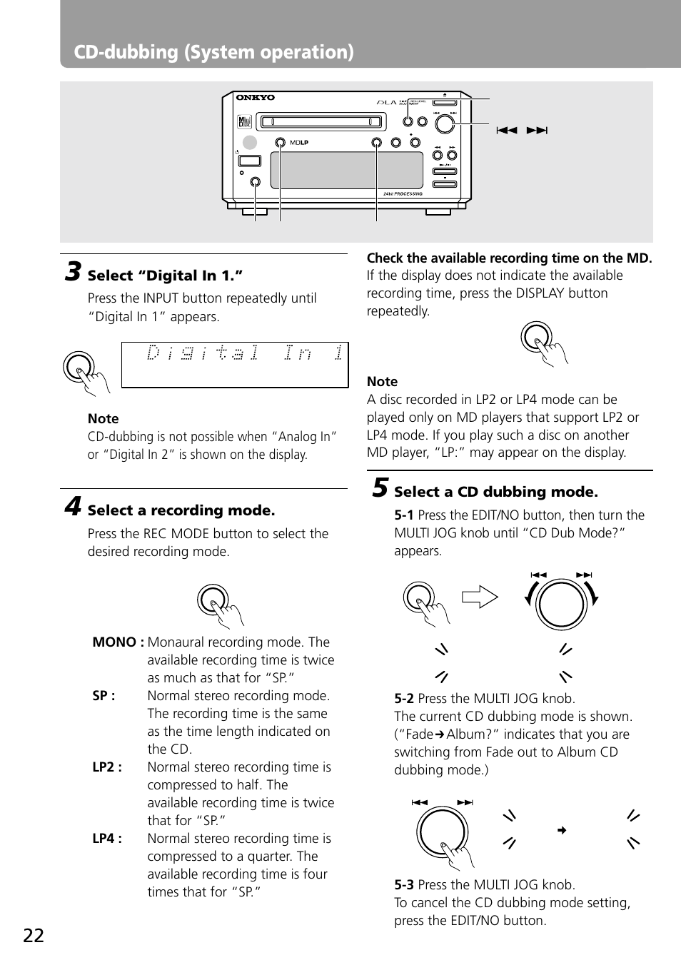 22 cd-dubbing (system operation), Cd dub mode? fade album, Select a recording mode | Select a cd dubbing mode, Select “digital in 1 | Onkyo MD-101A User Manual | Page 22 / 52