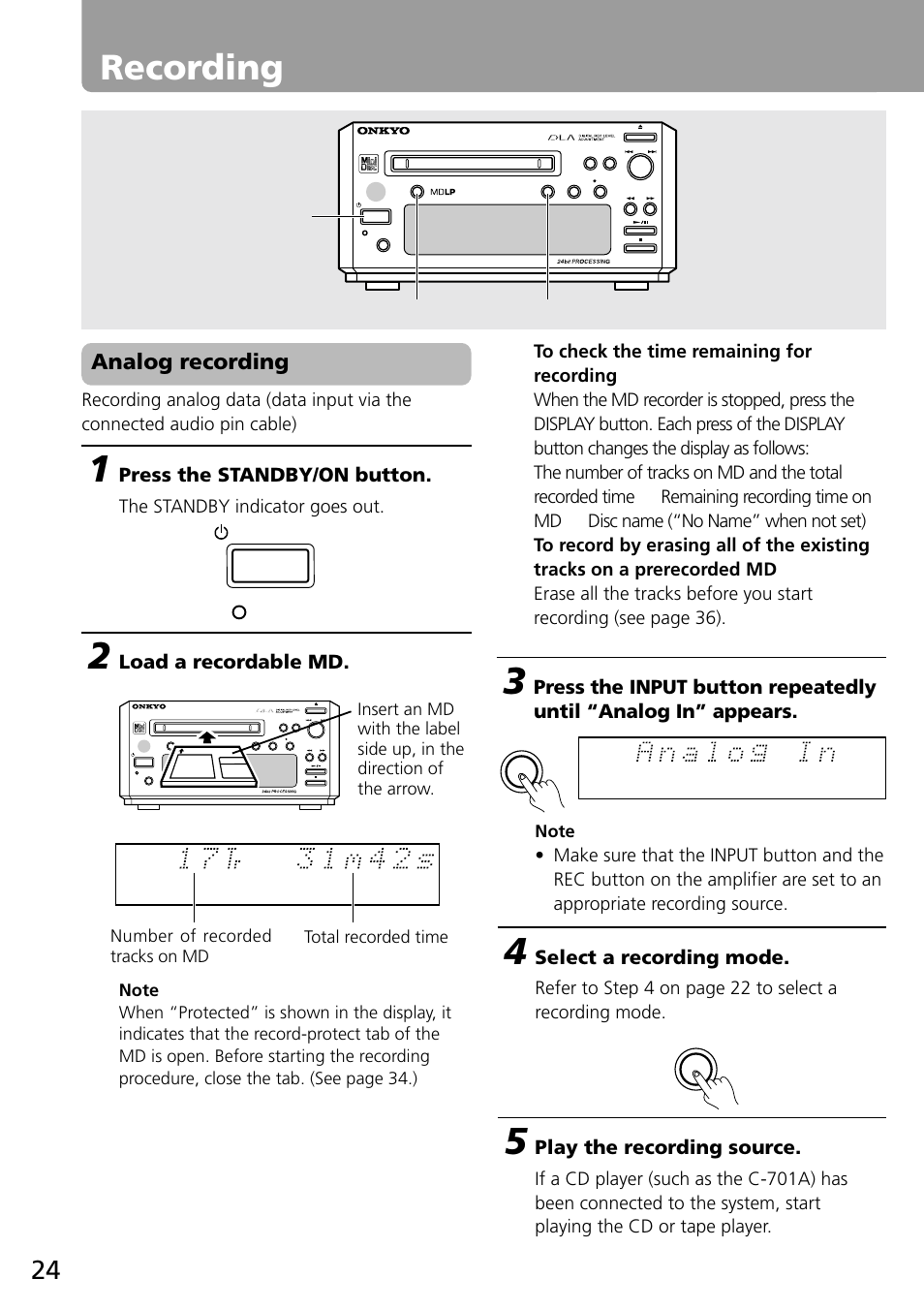 Recording, Analog recording, Press the standby/on button | Load a recordable md, Select a recording mode, Play the recording source, The standby indicator goes out | Onkyo MD-101A User Manual | Page 24 / 52