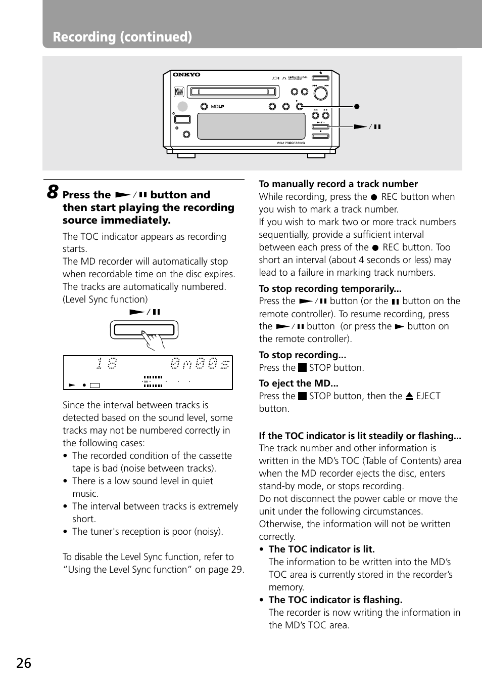 Recording (continued) | Onkyo MD-101A User Manual | Page 26 / 52