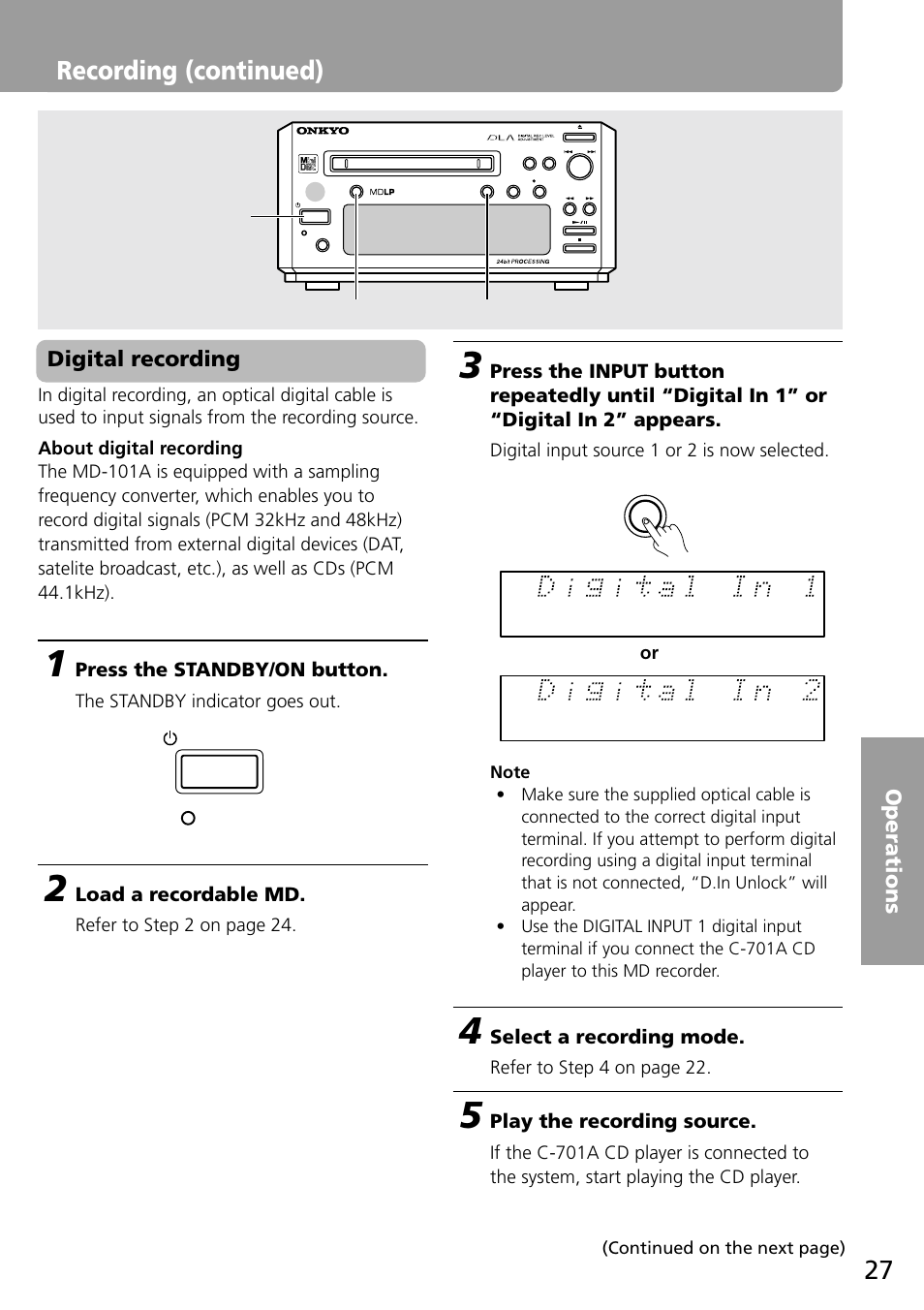 Recording (continued), Digital recording, Select a recording mode | Play the recording source, Press the standby/on button, Load a recordable md | Onkyo MD-101A User Manual | Page 27 / 52