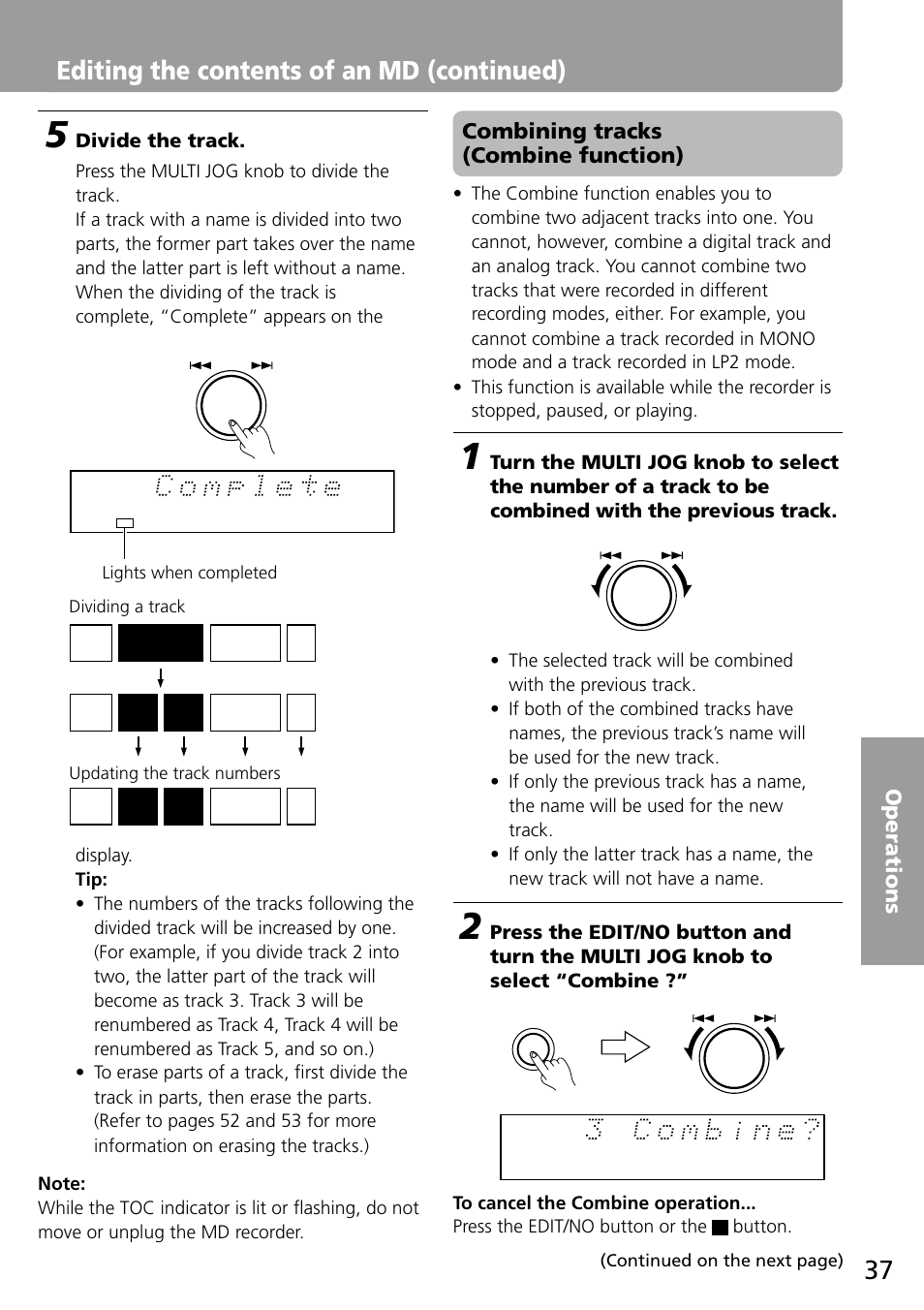 Editing the contents of an md (continued) | Onkyo MD-101A User Manual | Page 37 / 52